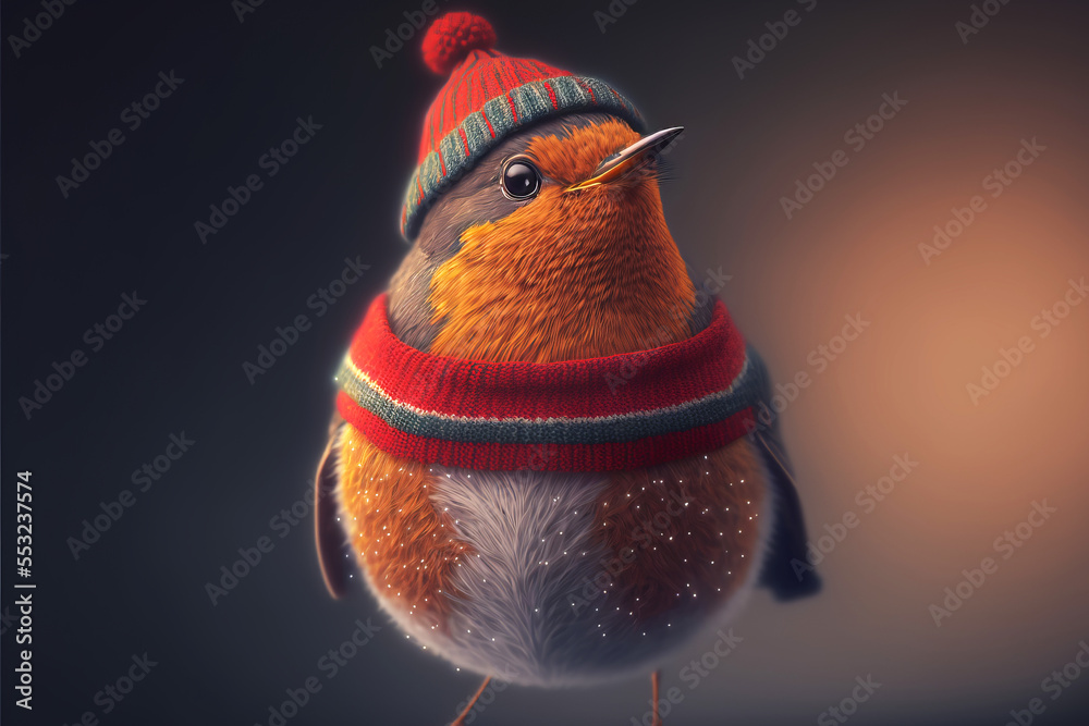 Poster a festive robin wrapped up in a knitted hat and scarf. generative ai