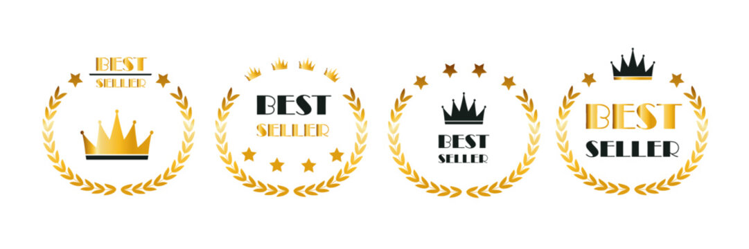 Set of badge best seller, best choice, best price, best quality. Gold logo design with wreath laurel. Vector illustration eps 10