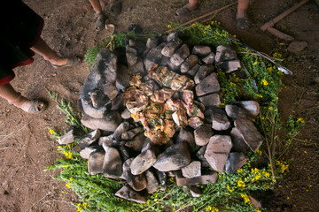 In the pachamanca ceremony, lamb, alpaca, pork and beef are cooked. Also variety of tubers and...