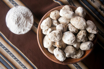 Variety of Peruvian potatoes. In the pachamanca ceremony, lamb, alpaca, pork and beef are cooked. Also variety of tubers and vegetables. All under hot stones and covered with earth.