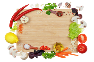 Kitchen cutting board framed with vegetables, herbs and spices. Space for text, top view, mock-up