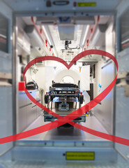 Emergency mobile stroke unit van furnishes services to diagnose stroke patients. Illustration with heart ribbon.