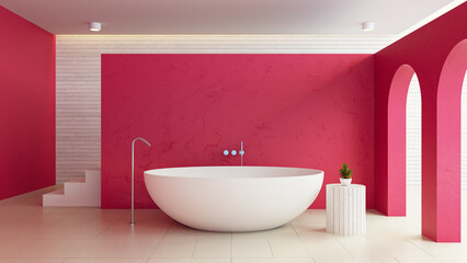 Viva Magenta bathroom interior color of the year 2023 - 3D rendering interior - obrazy, fototapety, plakaty