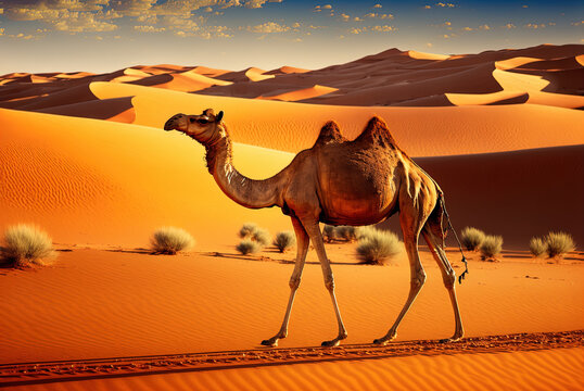 a herd of dromedaries (arabian camels) in the sahara desert of Morocco Generative AI