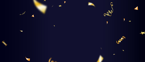 Obraz na płótnie Canvas Gold confetti ribbons on blue background. Celebration background party decoration frame template . luxury greeting rich card. Festive vector design