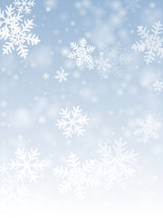 Fototapeta na wymiar Random heavy snow flakes background. Snowfall speck ice granules. Snowfall weather white blue wallpaper. Blurred snowflakes january theme. Snow cold season landscape.