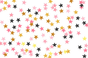 Creative black pink gold stars magic vector backdrop. Many stardust spangles birthday decoration elements. Isolated stars magic texture. Spangle confetti explosion.