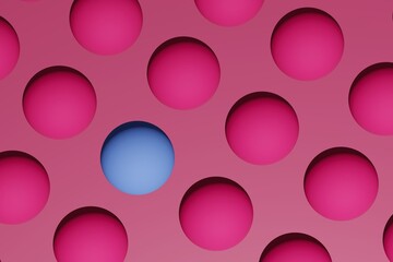 Pink 3d render spheres with one in blue.Gender equality concept in pink and blue.Woman man social issues