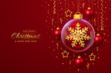 Merry christmas greeting card. Golden shining 3D snowflake in a glass bauble. Christmas red background with hanging gold stars and balls. Holiday Xmas, New Year banner, flyer. Vector Illustration.