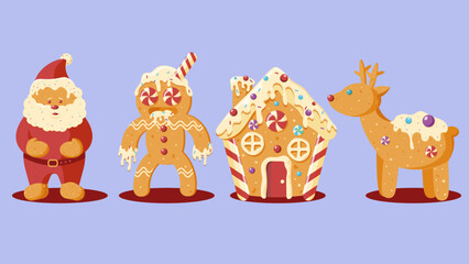a set of New Year gingerbread candies in the form of Santa figures deer house