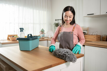 Happy Asian young woman sweeping sofa and furniture to cleaning house, healthy lifestyle concept