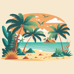 tropical summer beach ocean sunset and sunrise view cartoon vector illustration