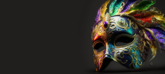Mardi Grass Golden Carnival Mask with Feathers, Beautiful background for greeting cards, party invitation, banner, flyer or poster