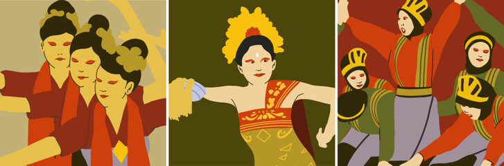 A set of Three Minimalistic Indonesian Traditional Dance Illustration. Indonesian Traditional Dance.  Illustrations of Balinese, Sundanese and Acehnese Style Dancers.