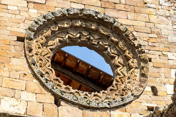 Gothic rose window in the church of the Monastery of Saint Mary of Carracedo in Carracedelo, El Bierzo, Spain
