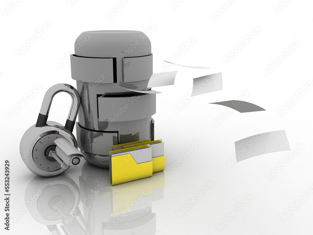 Poster 3d rendering folder connected to database lock under cctv camera