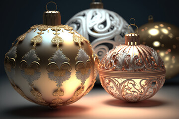 Beautiful majestic antique toy Christmas tree balls. Festive jewelry made of precious metals.Evening holiday lights of Christmas and New Year. Antique patterns on metal balls. AI