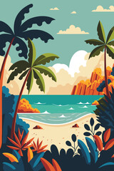 Fototapeta na wymiar tropical summer beach ocean sunset and sunrise view cartoon vector illustration