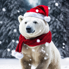 christmas polar bear in the snow in santa hat, trees covered by snow in the background, falling snow
