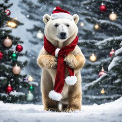 christmas polar bear in the snow in santa hat, christmas tree in the background, falling snow