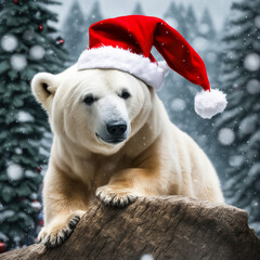 christmas polar bear in the snow in santa hat , falling snow