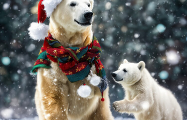 christmas polar bear with cub in the snow wearing santa hat and scarf, falling snow