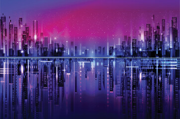 Plakat Vector night city illustration with neon glow and vivid colors