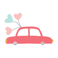 Cute red car with balloons. Valentines Day car. Vector illustration in a flat hand drawn style.