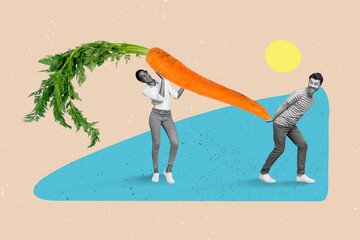 Photo collage artwork minimal picture of happy smiling lady guy carrying holding big huge carrot isolated drawing background