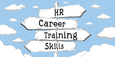 Human resources, career, training, skills - outline signpost with four arrows