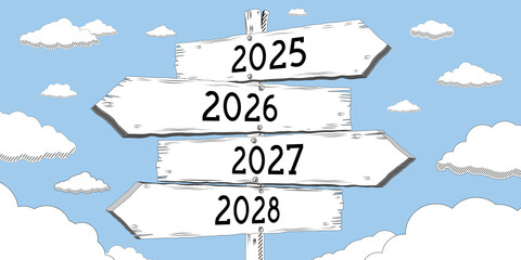 2025. 2026. 2027. 2028 - outline signpost with four arrows