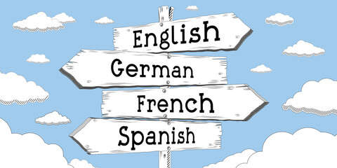 English, German, French, Spanish - outline signpost with four arrows