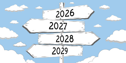 2026, 2027, 2028, 2029 - outline signpost with four arrows