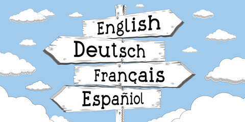 English, German, French, Spanish - outline signpost with four arrows