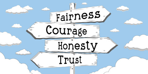 Fairness, courage, honesty, trust - outline signpost with four arrows