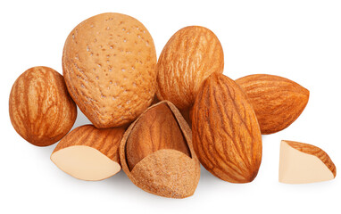 Almonds isolated on white background. Almond nut collection .