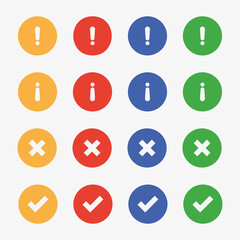 A set of round flat icons. Exclamation sign, cross, danger, checkmark, color, approval, prohibition, important, attention. The concept of communication. Vector flat icon on a white background
