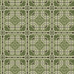 Mosaic geometric green seamless texture pattern. Trendy kaleidoscope woven design for printed fabric. Rough abstract textile design. 