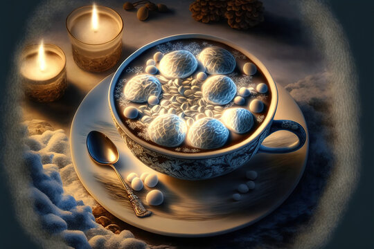A cup of Winter coffee with marshmallows, winter tea, in a homely evening cozy atmosphere. AI