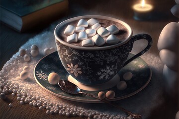 Obraz na płótnie Canvas A cup of Winter coffee with marshmallows, winter tea, in a homely evening cozy atmosphere. AI
