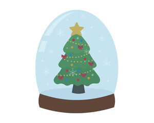 glass snow globe with fir tree inside, christmas and new year illustration