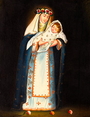 Icon painting depicting Saint Rose of Lima with the Child Jesus. Roman Catholic devotional icon. © VIS Fine Arts