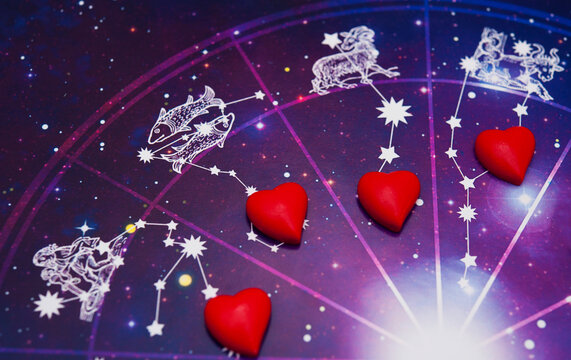zodiac signs with horoscope and constallation of stars and with red hearts like astrology and romantic love and Valentine concept 
