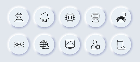 Gadgets neomorphic line icons set. VR glasses, cloud, data storage, server, processor, assistant, internet, computer, settings, user, smartphone. Technology concept. Vector neomorphic line icons set © Павел Озарчук