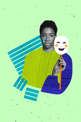 3d retro abstract creative collage artwork template of upset lady guy holding smiley face mask...