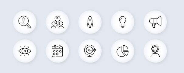 Information neomorphic line icons set. Search, magnifying glass, password, share, diagram, key, deadline, settings, idea, target, focus, eye. Business concept. Vector black line icons set