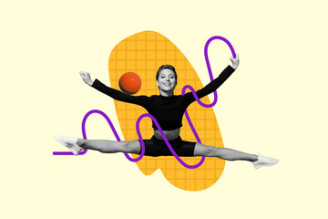 Composite collage image of excited positive black white colors girl gymnast jumping stretching...