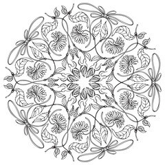 Asymmetry Black and white doodle Floral mandala. Bouquet line art vector illustration isolated on white background
