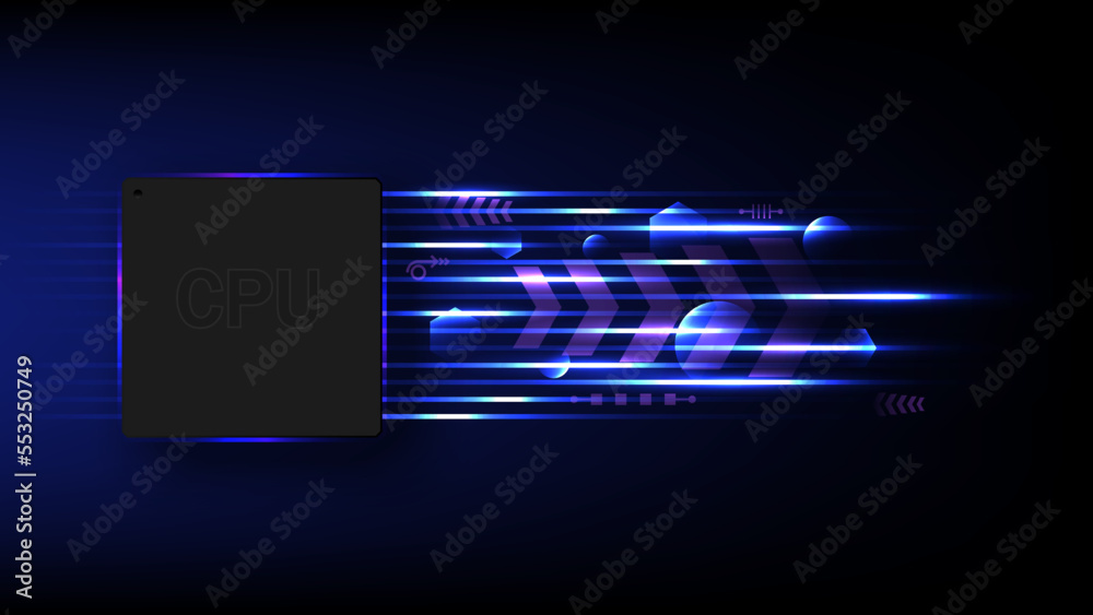 Poster hi tech abstract background microprocessor bright glowing lines below with spheres and hexagons with