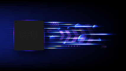 Hi Tech Abstract Background Microprocessor Bright glowing lines below with spheres and hexagons with elements on a blue gradient background.